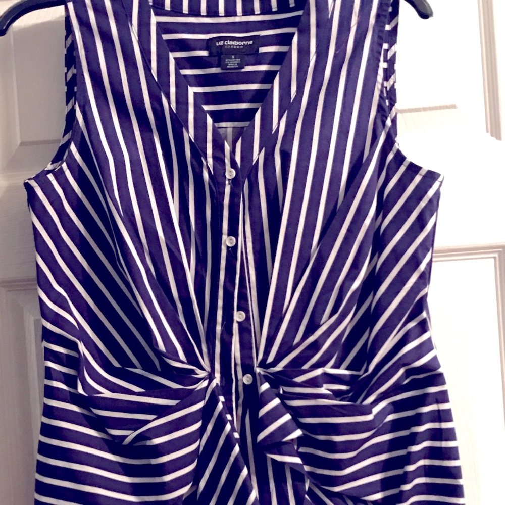 Blue White Stripe tie front sleeveless Top